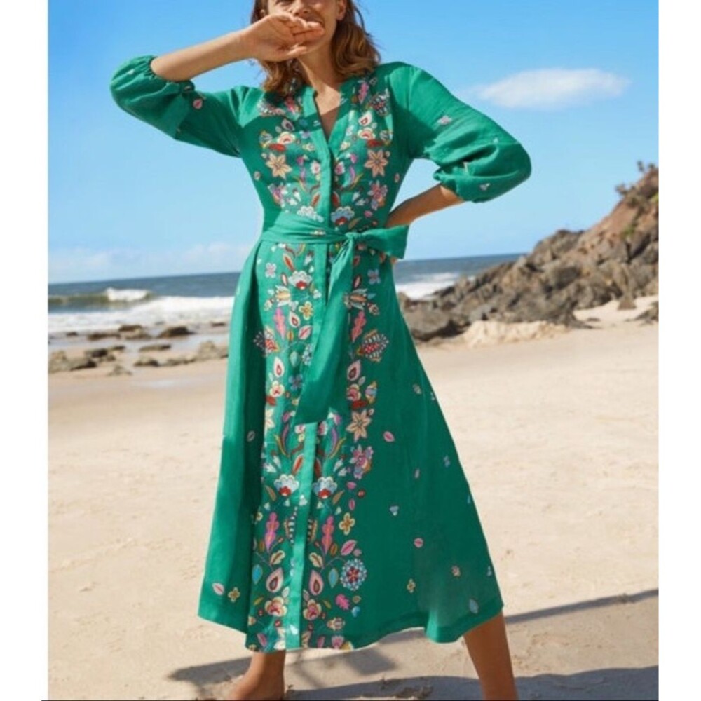 Boden Linen Midi Shirt Dress size 24 Green Floral Ballon Sleeve Coastal Beach